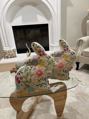 Beaded Floral Bunny Figurines - Pair